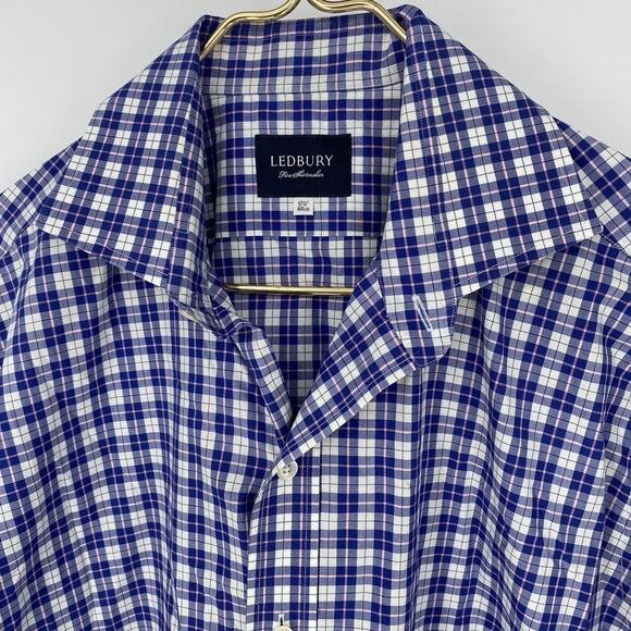 Ledbury Men's Dress Shirt Long Sleeve Piunk and Blue Micro Plaid Size 17.5 - Picture 3 of 4